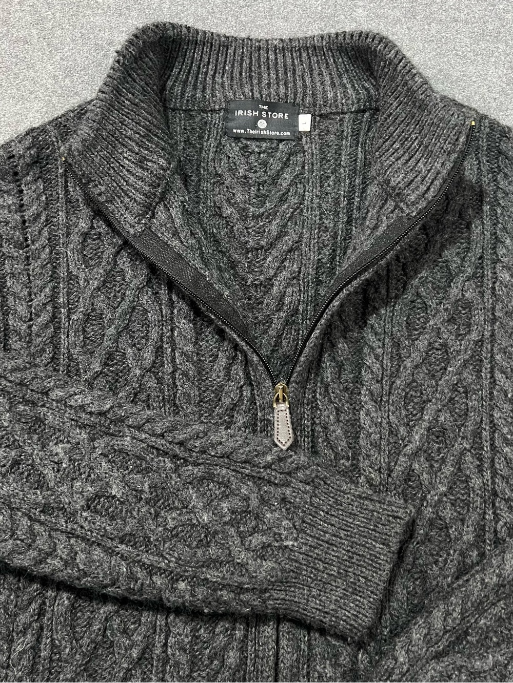 The Irish Store Sweater Mens Large Gray Full Zip Mock Neck Wool Cable Knit